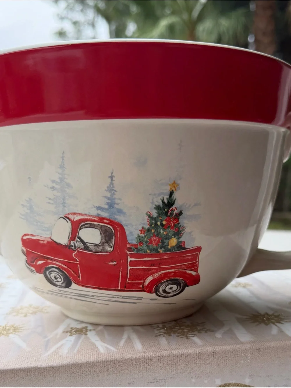 Festive Red Truck Ceramic Mixing Bowl With Pour Spout